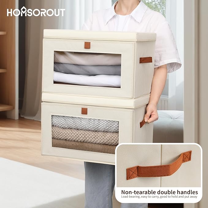 Homsorout Large Closet Storage Bins - Collapsible Storage Bins with Handles & Window, Decorative Boxes with Lids, Fabric Cubes for Living Room, Dorm, 1 Pack, Beige - Image 3