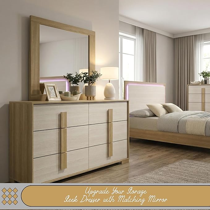 Kings Brand Furniture 6-Piece Natural/White Bedroom Set - King Size Bed with LED Lights, Dresser, Mirror, Chest and 2 Nightstands