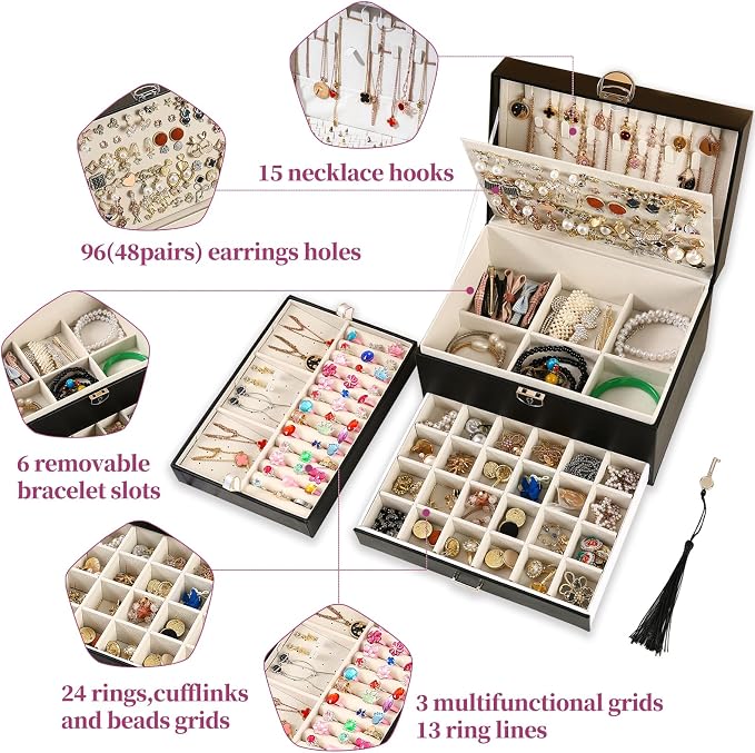 BOOVO Earring Jewelry Box For Women Girl Stud Organizer, 5 Layers Girl Jewelry Organizer Box With Lock Earring Holder Organizer Necklace Ring Jewelry Organizer Box For Girls (Black) - Image 2