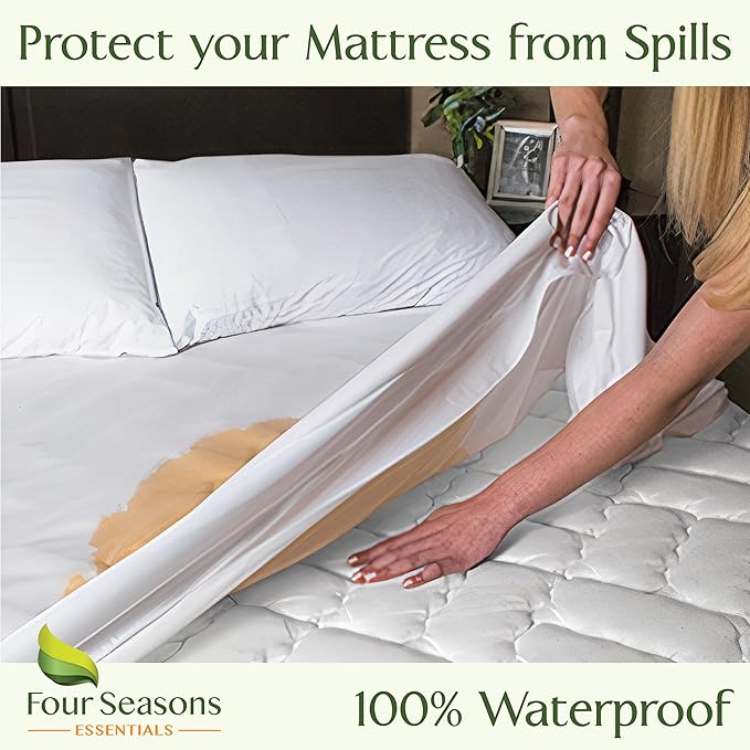Four Seasons Essentials King Size Waterproof Mattress Protector - Cooling Viscose derived from Bamboo Fitted Sheet Mattress Cover - Quilted Jacquard Pad Protects from Dust Allergens