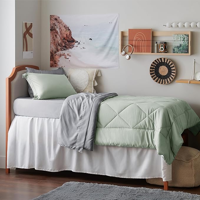 Bedsure Twin XL Comforter Set - 5 Pieces Reversible Sage Green Bedding, Twin XL Size Bed Set for All Seasons, Bed in a Bag with Down Alternative Comforter, Sheets, Pillowcase & Sham
