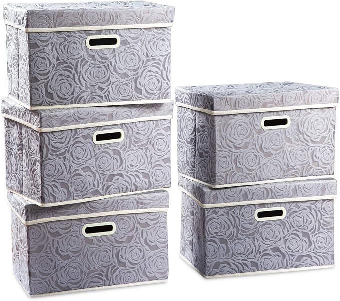 PRANDOM Foldable Storage Bins with Lids [5-Pack] Fabric Decorative Storage Box Cubes Organizer Containers Baskets with Cover Handles Divider for Bedroom Closet Living Room Grey 14.9x9.8x9.8 Inch by Prandom