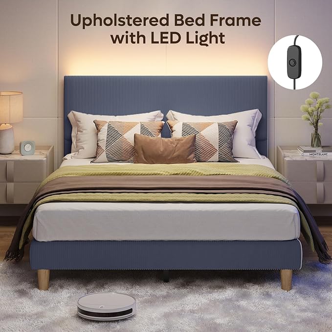 Bestier Queen Bed Frame with Headboard,Platform Queen Size Bed Frame with LED Lighting,Bed Frame Wooden Slats Support,No Box Spring Needed,Never Squeaks, Easy Assembly,Blue
