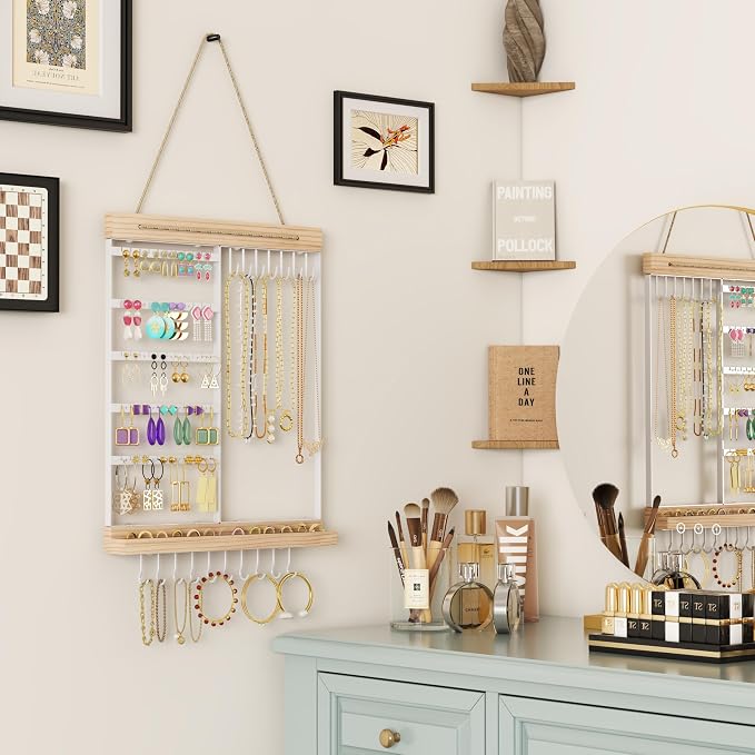 Feyejade Hanging Jewelry Organizer and Storage, 5-Tier White Earring Necklace Holder Jewelry Display Organizer Stand Rack, Wall Mounted for Earrings Necklaces Bracelets and Rings, White - Image 2