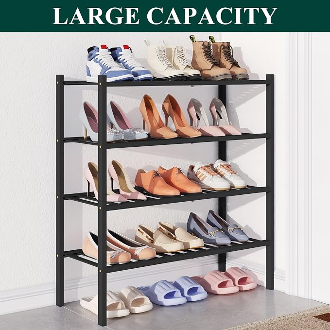 Smiry Bamboo Shoe Rack for Closet, 4 Tier Wooden Stackable Shoe Organizer, Free Standing Shoes Storage Shelf for Entryway, Front Door Entrance, Black - Image 5
