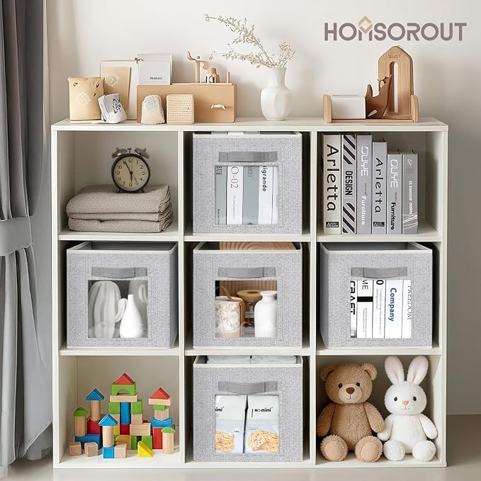 Homsorout Foldable Storage Cubes - Cubby Storage Organizer with Window, Decorative Fabric Bins for Clothes Storage, Closet Organizers for Shelves, 11inch, Set of 8, Light Grey - Image 3