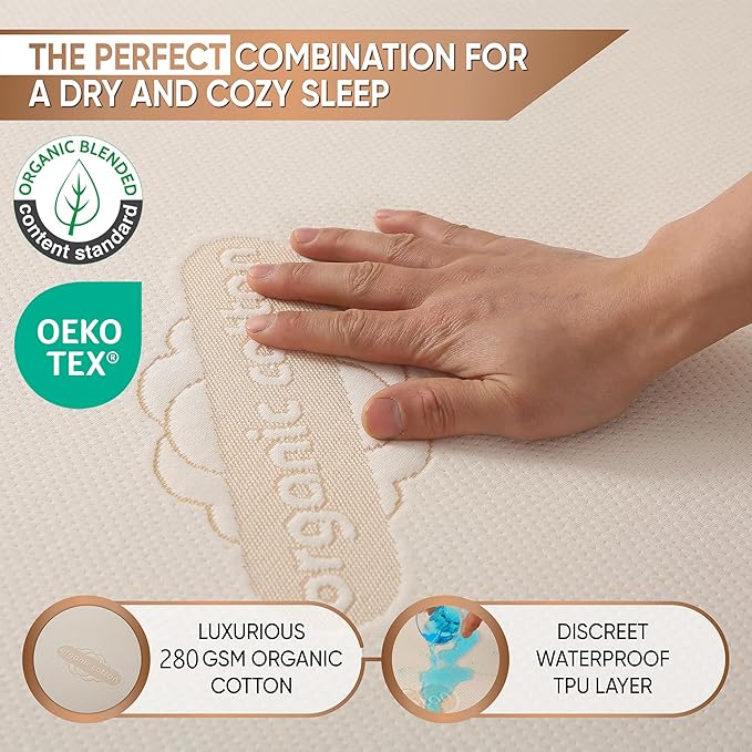 Deluxe Waterproof Organic Mattress Protector Twin Size - OCS Certified Organic Cotton, Breathable Mattress Pad Cover - Premium 280 GSM Comfort - Jersey Cotton Skirt - Deep Pocket Fitted Style