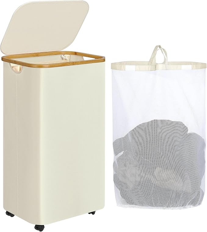 Laundry Basket with Wheels, 110L Beige Clothes Hamper for Laundry, Laundry Hamper with Lid and Inner Bag, for Laundry Room, Bedroom, Dormitory Storage,Beige by iEGrow