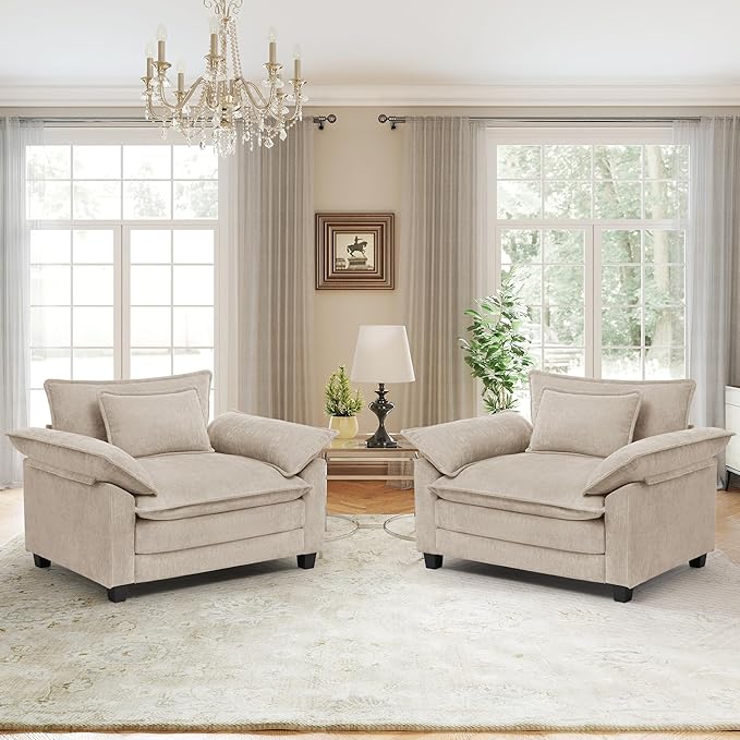 Oversized Accent Chairs Set of 2,44 inch Modern Living Room Chairs,Chenille Upholstered Cloud Sofa Chair Armchair with Extra Thick,Comfy Accent Chair Reading Chairs for Bedroom Apartment,Khaki