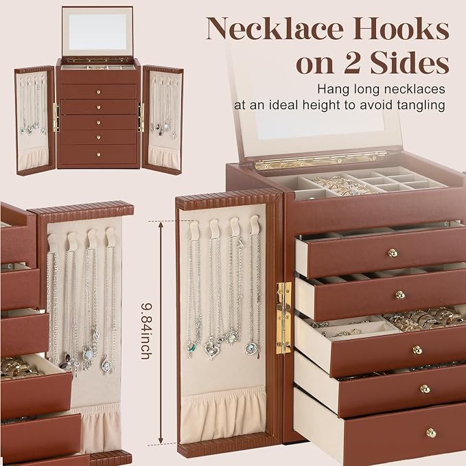 Dajasan Large Jewelry Organizer Box, Jewelry Boxes for Women Girls, 6-Tier Jewelry Storage Organizer with Mirror for Necklace Ring Bracelet Watch, Gift Idea (Brown) - Image 2