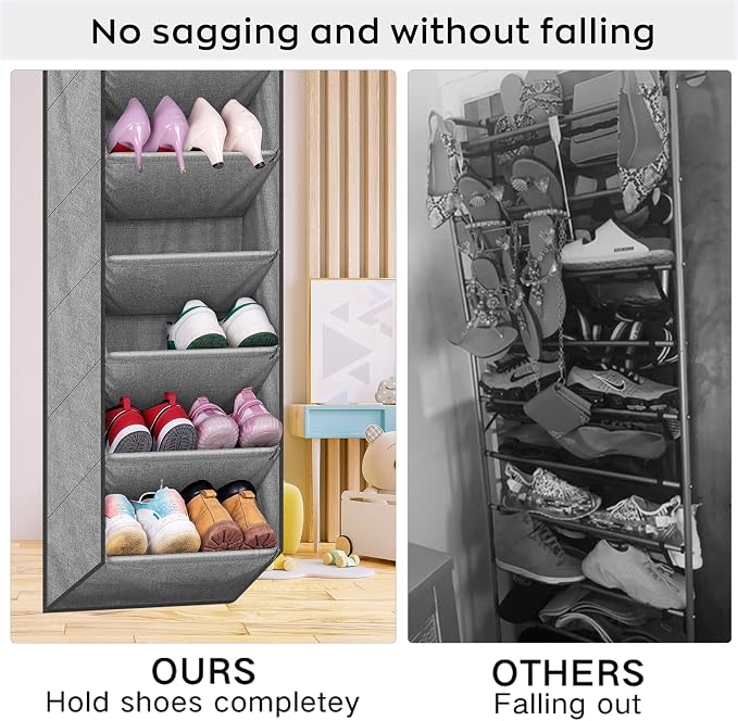 SLEEPING LAMB Shoe Rack for Door with Large Deep Pocket, Over The Door Shoe Organizer for Closet, Dorm and Narrow Hanging Sneaker Storage Holder, Grey - Image 4