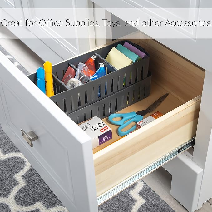 Simplify 2 Pack 4 Compartment Stackable Bin with Adjustable Dividers | Drawer Organizer | Storage Basket | Good for Office | Desk Supplies | Dorm |Bathroom | Accessories | Make Up | Grey - Image 3