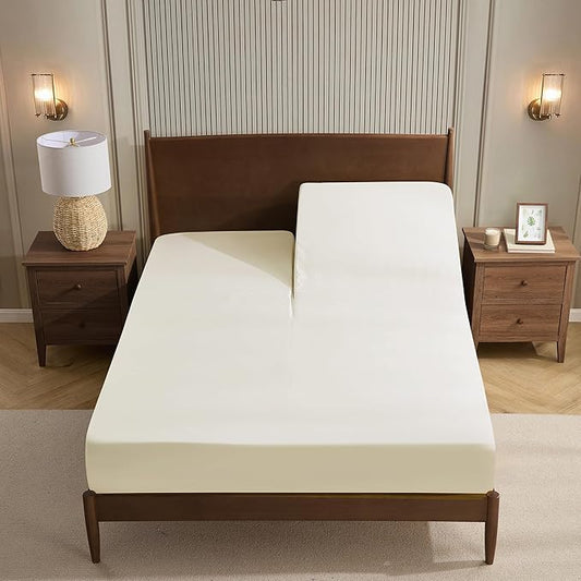 Split Head King Sheets Set for Adjustable Beds 4 Piece Flex Top Bed Sheets – Deep Pocket Split Top Fitted Sheet with Built-in Corner Straps, Luxury Soft Cooling Bedding, Wrinkle Resistant, Ivory