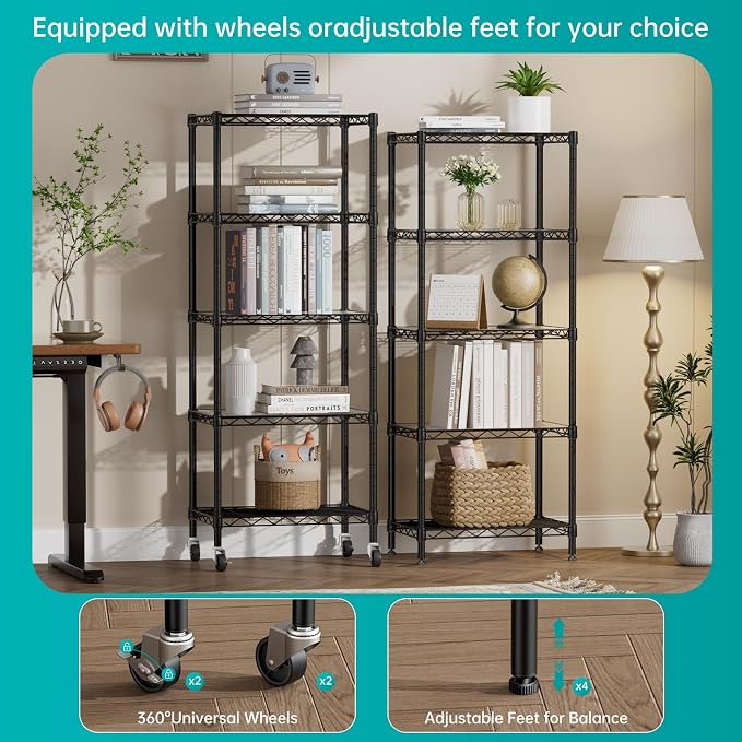 SINGAYE 5 Small Shelf Storage Wire Shelves Closet Bathroom Organizers Metal Pantry Kitchen Garage Shelving Unit Laundry Room Organization Home Narrow Rack Net Basket with Wheels Black - Image 4