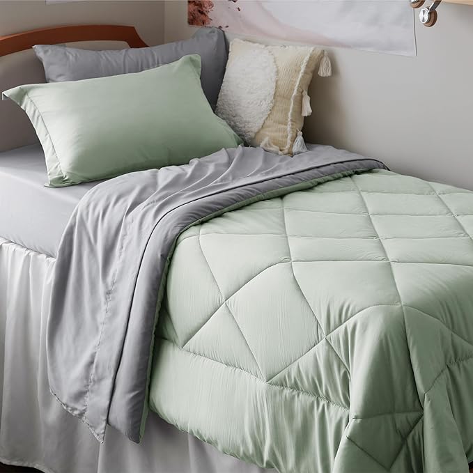 Bedsure Twin XL Comforter Set - 5 Pieces Reversible Sage Green Bedding, Twin XL Size Bed Set for All Seasons, Bed in a Bag with Down Alternative Comforter, Sheets, Pillowcase & Sham