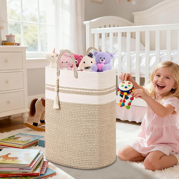 Woven Laundry Basket for Clothes, 80 L Large Rectangle Laundry Hampers with Beads Tassel, Nursery Storage Basket for Toys, Tall Dirty Clothes Hamper for Bedroom Aesthetic, Laundry Room Organization - Image 7