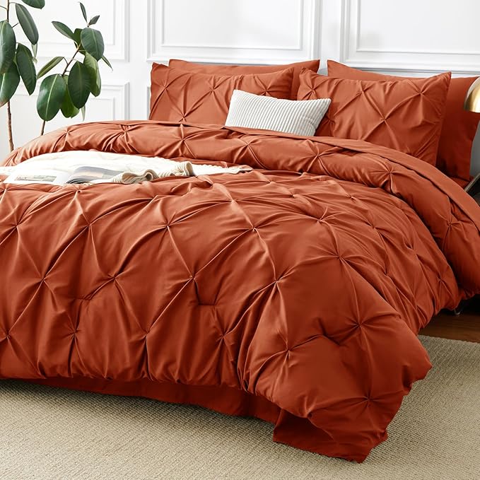 CozyLux King Size Comforter Set Burnt Orange, 7 Pieces Bed in A Bag Terracotta Comforter King Size, Pinch Pleat Bedding Set with All Season Comforter, Sheets, Pillowcases & Shams