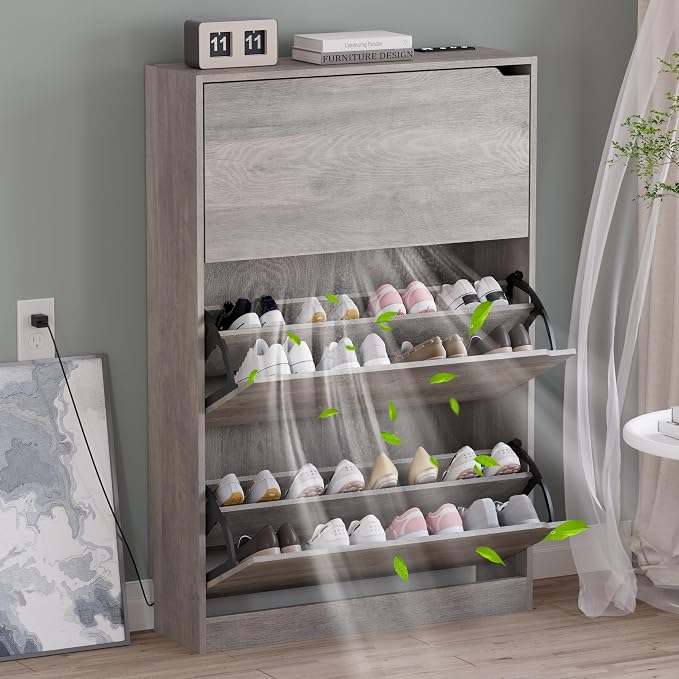 BORNOON Shoe Cabinet with Odor Control and Back Panels, Deodorizing Slim 3-Flip Shoe Storage Cabinet for Entryway, Freestanding Hidden Shoe Rack Organizer for Entrance, Hallway, Bedroom by BORNOON