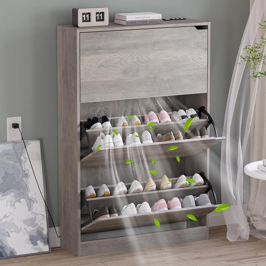 BORNOON Shoe Cabinet with Odor Control and Back Panels, Deodorizing Slim 3-Flip Shoe Storage Cabinet for Entryway, Freestanding Hidden Shoe Rack Organizer for Entrance, Hallway, Bedroom by BORNOON