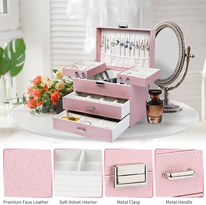 Dajasan Jewelry Boxes for Women Girls, Jewelry Storage Organizer, 4 Layers Large Jewelry Organizer Box with 2 Drawers for Friends, Wife or Mother Gift (Pink) - Image 6