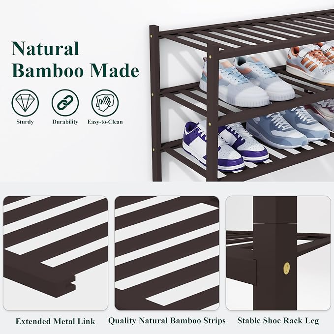 Smiry Shoe Rack, 4 Tier Thick Bamboo Shoe Organizer, Stackable Free Standing Wooden Shoe Storage Shelf for Closet, Entryway, Front Door Entrance, Brown - Image 3