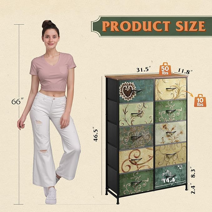 WLIVE Tall Dresser for Bedroom with 10 Drawers, Chest of Drawers, Fabric Dresser for Closet, Hallway, Living Room, Entryway, Floral Painted