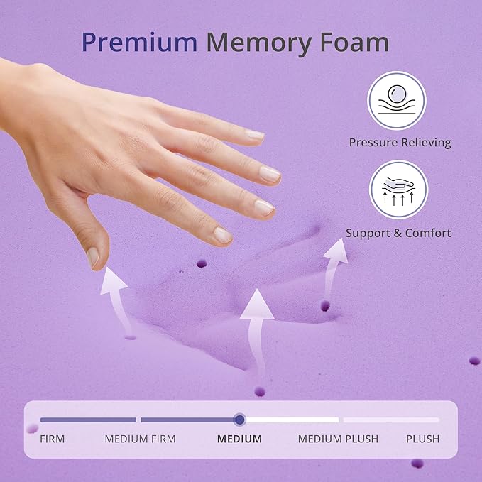 4 Inch Twin Lavender Scented Memory Foam Mattress Topper for Pressure Relieving, Ventilated for Cooling Sleep, CertiPUR-US Certified, Medium Feel Mattress Pad in a Box, 38"x75", Twin Size