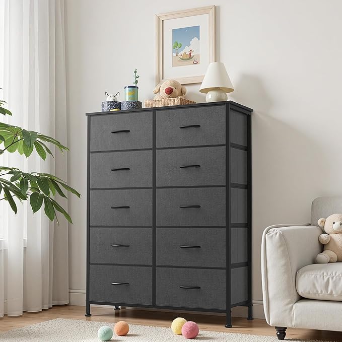 Sweetcrispy 10 Drawer Dresser, Tall Fabric Dresser for Bedroom, Storage Tower with Bins Chest Organizer Unit for Closet, Hallway, Steel Frame Wood Top, Easy Pull Handle, Grey - Image 2
