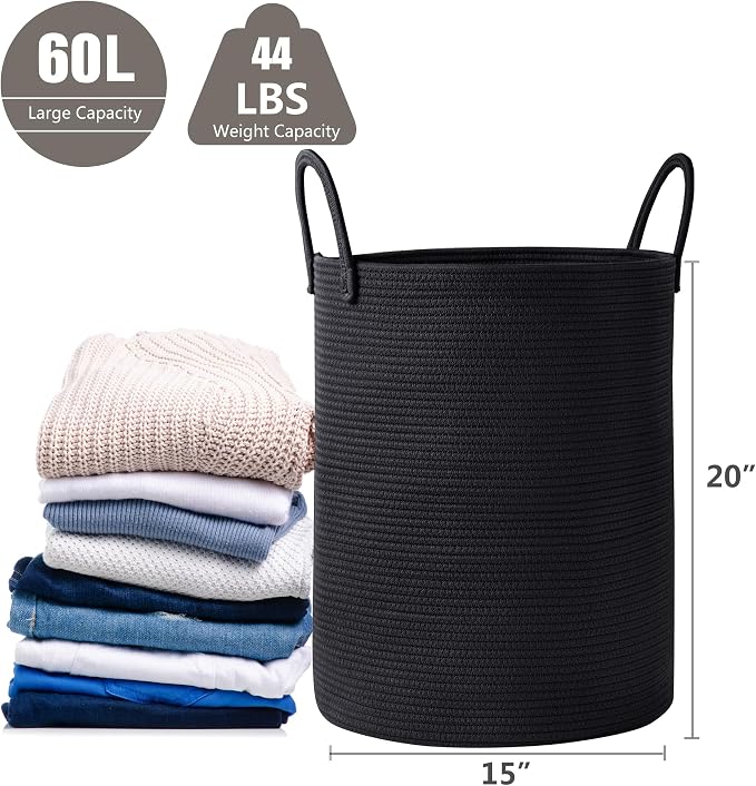 60L Black Woven Cotton Rope Laundry Hamper Basket for Clothes Tall Modern Blanket Storage Basket in Living Room Bedroom 15Dx20H inches - Image 3