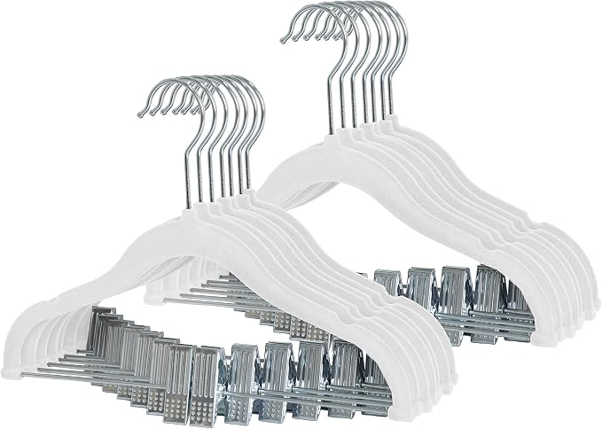 Finnhomy Non-Slip Clothes Hangers for Baby and Kids 20-Pack Velvet Hangers with Movable Clips, Heavy-Duty and Space-Saving for Pants,Skirts, Coat, White by Finnhomy