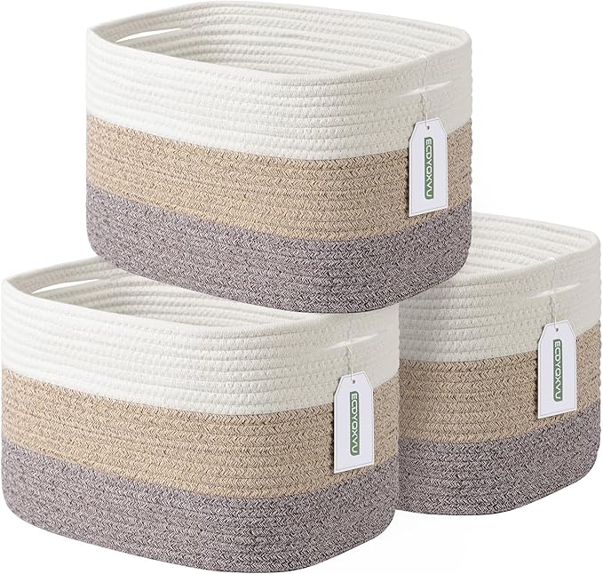 ECDYQXVU Cotton Rope Storage Basket, 15x10x9 Inches, Woven Basket for Shelves, Clothes, Towels, Books, and Laundry, White Brown (3 Pack) by ECDYQXVU