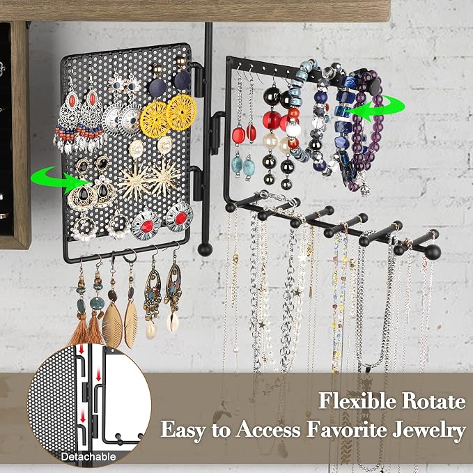 SOLIMINTR Hanging Jewelry Organizer Wall Mount Holder with Rustic Wood Shelf, Ring Display Box, Ear Studs Earring Holder, Rotating Necklace for Gothic Goth Accessories - Image 3