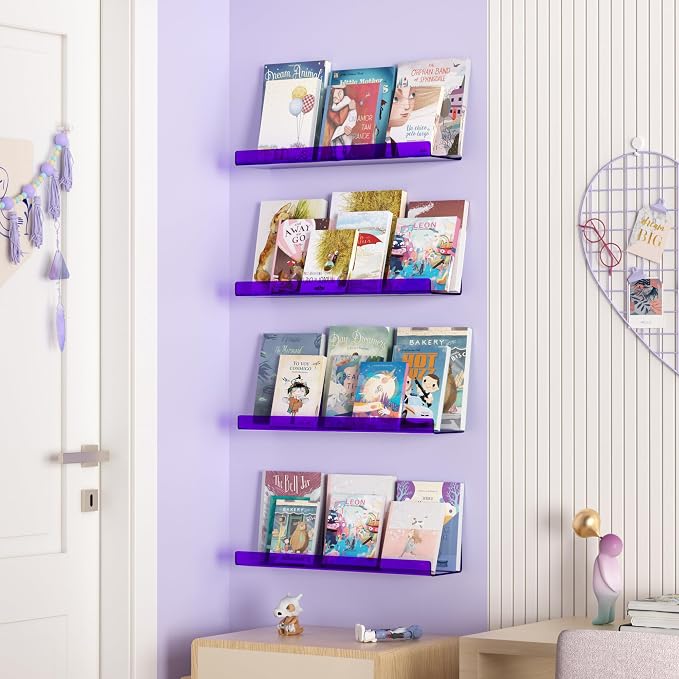 upsimples Acrylic Shelves for Wall Decor, 15" Display Shelf Perfume Organizer for Bathroom, Bedroom, Living Room, Floating Bookshelves for Kids, Clear Purple, 4 Pack - Image 4