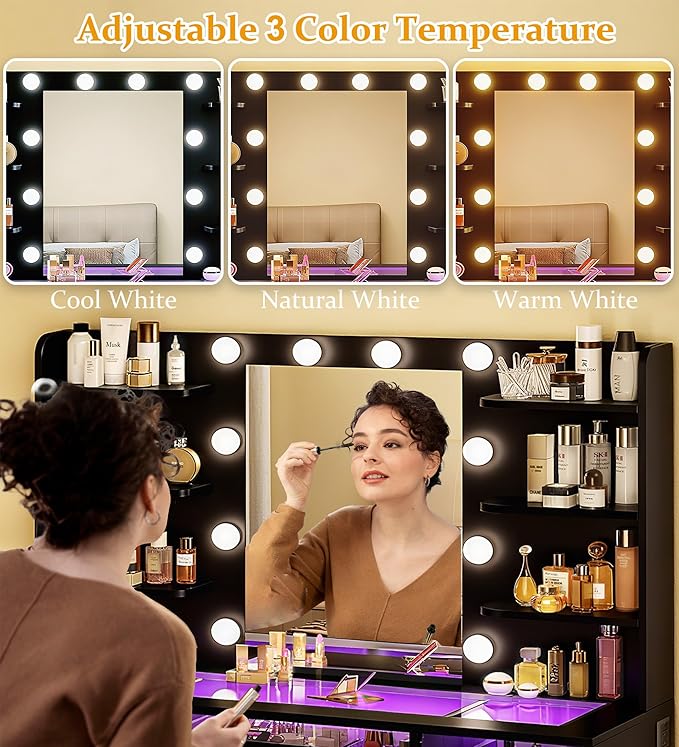 HUAHUU Vanity Desk, Makeup Vanity Desk with Mirror and Lights 3 Colors, Transparent Top with 3 RGB Drawers, 6 Shelves, 2 Large Tempered Cabinets, Power Outlet, for Bedroom, Black