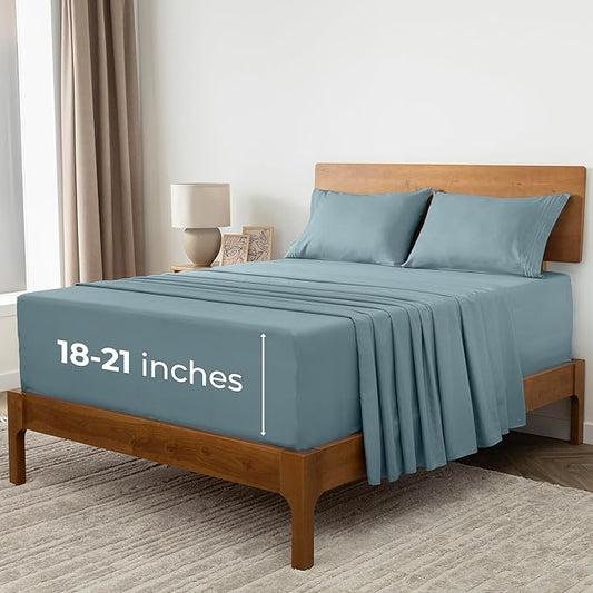 Mellanni Extra Deep California King Sheets - 4 PC Iconic Collection Bedding - Hotel Luxury, Ultra Soft, Cooling Bed Sheets - Wrinkle, Fade, Stain Resistant (Cal King, Spa Blue)