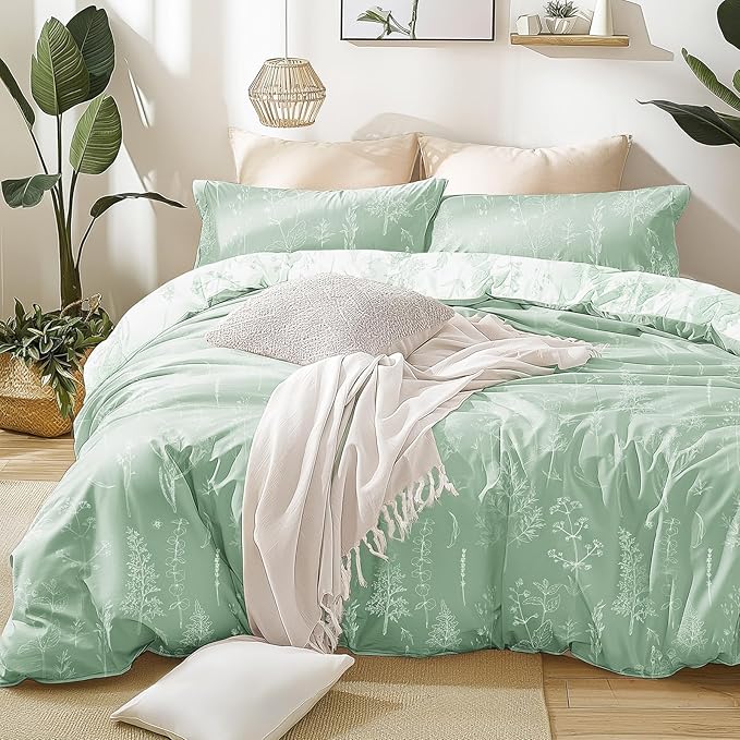 Love's cabin Sage Green Comforter Set Queen - Queen Size Comforter Set, 3 Pieces Cute Floral Bedding Sets for All Seasons,1 Soft Reversible Botanical Flowers Comforter and 2 Pillow Shams