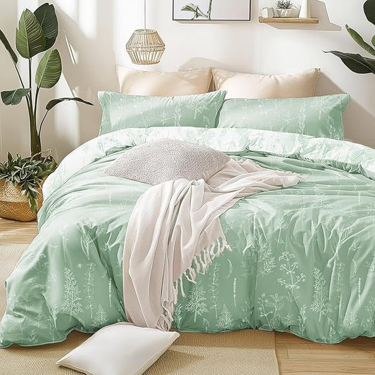 Love's cabin Sage Green Comforter Set Queen - Queen Size Comforter Set, 3 Pieces Cute Floral Bedding Sets for All Seasons,1 Soft Reversible Botanical Flowers Comforter and 2 Pillow Shams
