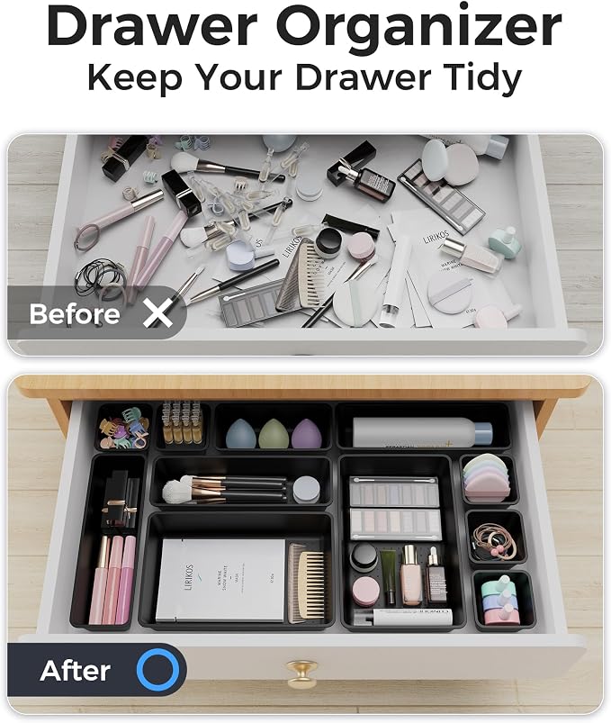 BiuLeon 25 PCS Plastic Drawer Organizers Set, 4-Sizes Vanity and Makeup Organizer, Desk and bathroom Drawer Organizer Trays, Organizers and Storage for Makeup, Jewelry, Gadgets, Utensils (Black) - Image 4