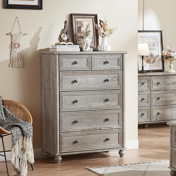 RWYHG Farmhouse 6 Drawer Dresser Set of 2, Grey Chest of Drawers, 43.5" Tall Dressers for Bedroom with Roman Column and Metal Handles, Rustic Wood Storage Organizer for Living Room, Hallway, Closet