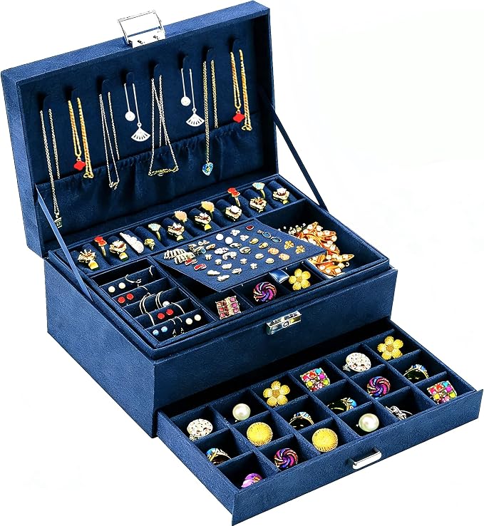 QBestry 3-Layer Jewelry Box for Women with Lock and Key & Drawer, Large Jewelry Organizer with 8 Necklace Hooks & 56 Earring Holes, Navy Velvet Jewelry Storage Box for Necklaces Earrings Ring Bracelet by QBestry