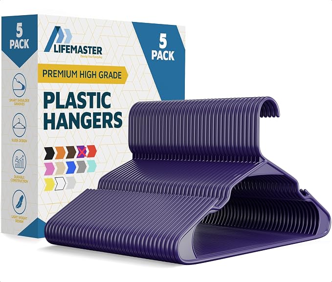 Lifemaster Plastic Clothes Hangers – Heavy Duty Hanger Set, for Organizing Clothes, Dresses, and Coat, Holds Up to 5 lbs, Space-Saving Hangers with Non-Slip Shoulder Grooves, Pack of 5, Purple by LIFEMASTER