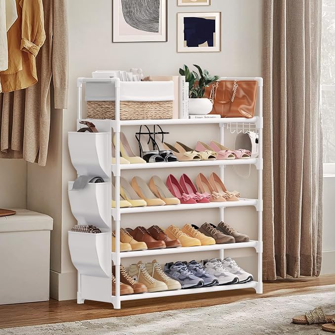 VILICK Shoe Rack for Closet Shoe Organizer Space Saver Storage for 20-25 Pair Shoe Shelf with Hook and Side Pocket Free Standing 5 Tier Shoe Rack Organizer for Entryway,Small Spaces, White - Image 7