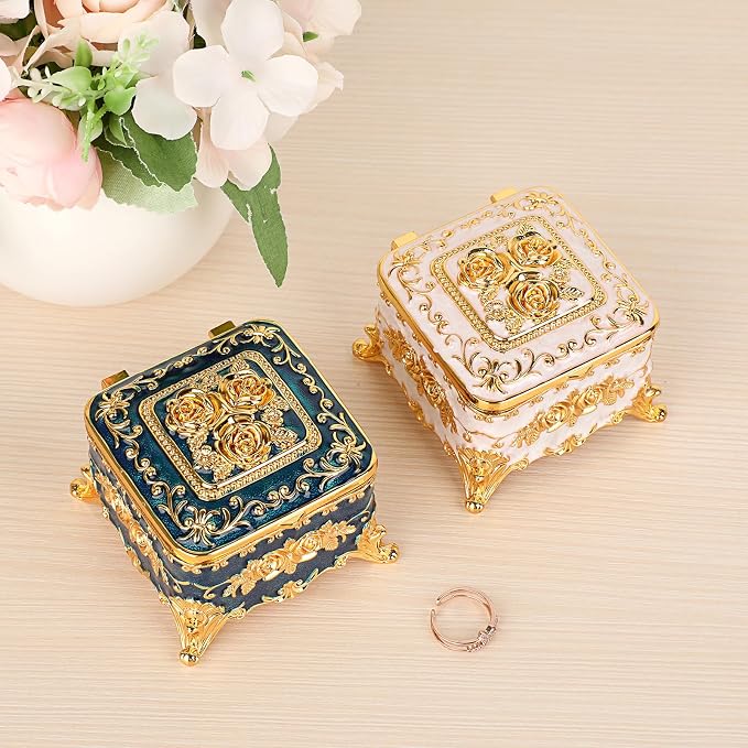 Hipiwe Vintage Jewelry Box Trinket Organizer Enameled Metal Treasure Chest Ring Holder Earrings Storage Case Decorative Keepsake Box Gift for Women, Small 3"x3"x2.4" - Image 7