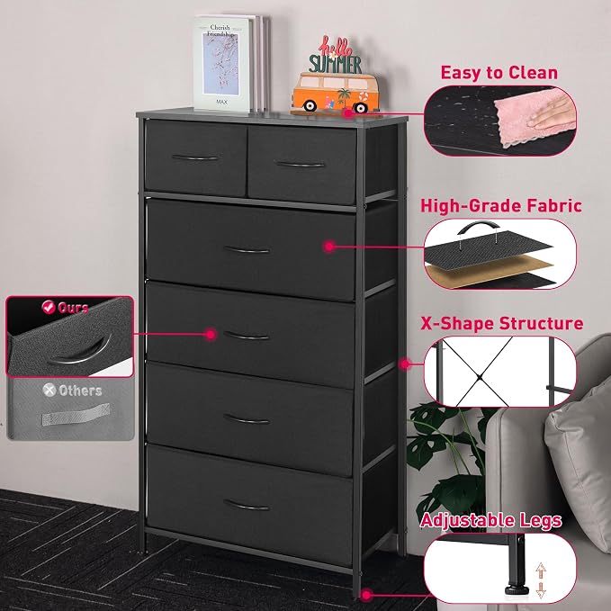 Mifuro Tall Dresser for Bedroom, Vertical Storage Organizer Tower with 6 Drawers, Chest of Drawers with Fabric Bins, Steel Frame, Wood Top for Bedroom, Closet, Entryway- Black - Image 9