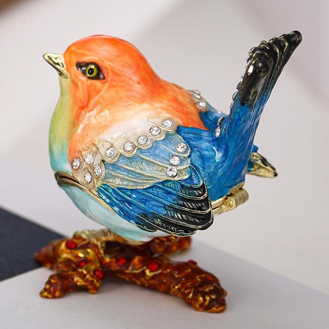 Hand Painted Enamel Robin Bird Trinket Box for Home Decor, Hinged Jewelry Organizer for Ring Earrings, Unique Figurine Keepsake Collectible Personalized Handmade Ornament Gifts (Multi-Sparrow) - Image 5