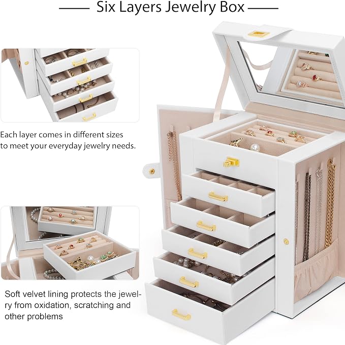 AKOZLIN Functional 6-Tier Jewelry Box Organizer with 5 Drawers Leather Jewelry Storage Case for Women Girls Ring Necklace Earring Bracelet Holder Organizer with Mirror White - Image 4