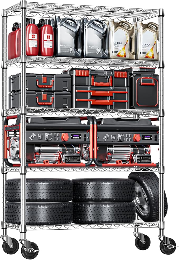 IZEUK 5-Tier Storage Shelving Unit with Wheels, Adjustable Heavy Duty Steel Wire Rack Organizer (Chrome, 17.7" D x 47.2" W x 76.7" H, 1750 lbs Capacity) for Garage, Kitchen, Pantry, Laundry, Basement by IZEUK