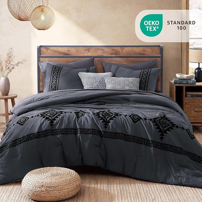MaiRêve Embroidery Full Size Comforter Set Crown Blue, Farmhouse Western Boho Bedding Set 7 Pieces, All Season Bed in A Bag Comforter Set with Sheets, Pillowcases & Shams