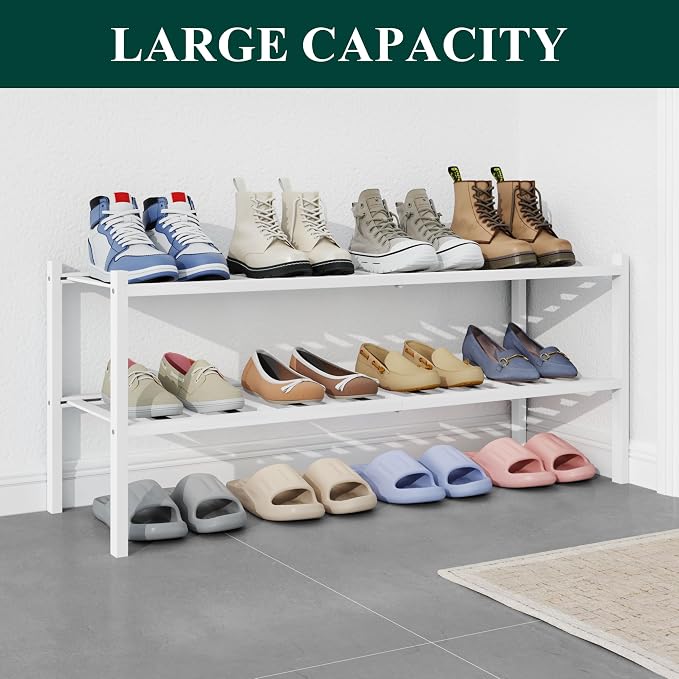 Smiry Bamboo Shoe Rack for Closet, 2 Tier Long Wooden Stackable Shoe Organizer, Free Standing Shoes Storage Shelf for Entryway, Front Door Entrance, White - Image 5