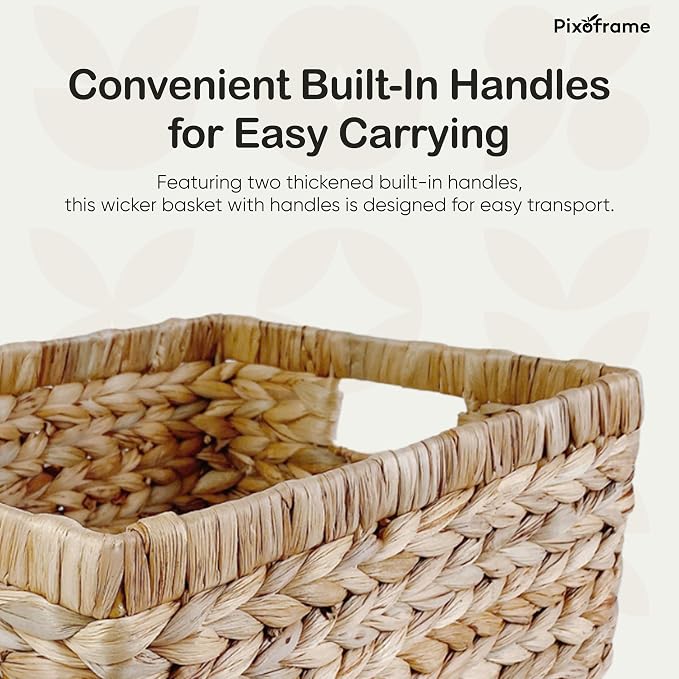 Large Rectangular Handwoven Wicker Basket - Natural Water Hyacinth Storage Baskets with 2 Built-in Handles - Ideal for Towel, Blankets, and Home Organizer & Decor - 16.5"x13"x7.50" - Brown - Image 5